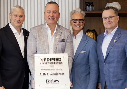 From left to right: FirstService Residential CEO David Diestel; ALINA Residences General Manager German Cabieses; The BJH Group Founder and resident of ALINA Residences Bruce Himelstein; and FirstService Residential South Region President Robert Smith
